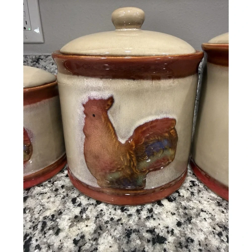 Vintage Rooster Chicken Canister Set of 3 Glazed Pottery Farmhouse Grandma Core